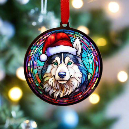 Husky in Santa Hat Suncatcher Decoration